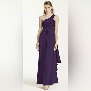 David’s Bridal One Shoulder Long Jersey Dress with Cascade Back Lapis Purple 8